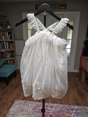 White Tulle Birthday Dress with Gold Dots